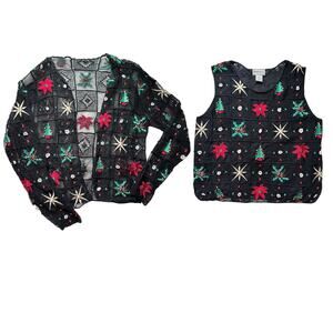 Jenni Max Christmas Vest & Cardigan Set Silk Blend Applique Beaded Holiday Blac
